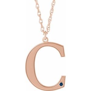 14K Rose Engravable Imitation Blue Sapphire Initial C 18" Necklace