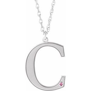10K White Engravable Imitation Pink Tourmaline Initial C 18" Necklace