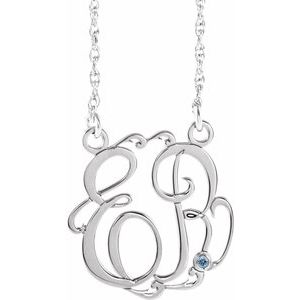 10K White 20 mm 2-Initials Imitation Aquamarine Script Monogram 18" Necklace