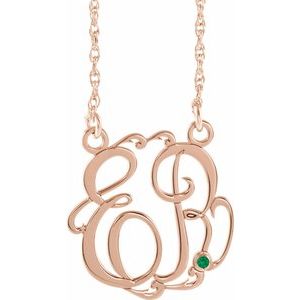 14K Rose Gold-Plated Sterling Silver 20 mm 2-Initials Imitation Emerald Script Monogram 18" Necklace