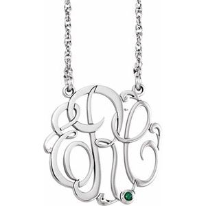 10K White 30 mm 3-Initials Imitation Emerald Script Monogram 18" Necklace