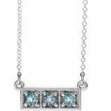 Platinum Natural Aquamarine Three-Stone Bar 16-18" Necklace