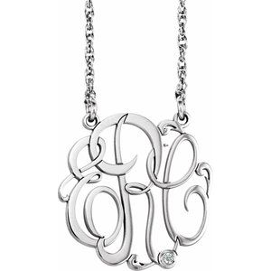 10K White 20 mm 3 Initials .02 CT Natural Diamond Script Monogram 18" Necklace