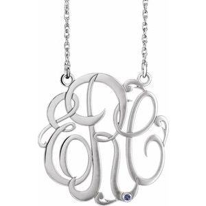 10K White 25 mm 3-Initials Imitation Blue Zircon Script Monogram 18" Necklace