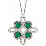 14K White Lab-Grown Emerald & 1/6 CTW Diamond Clover 18" Necklace