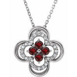 14K White Natural Mozambique Garnet & .08 CTW Natural Diamond Clover 18" Necklace