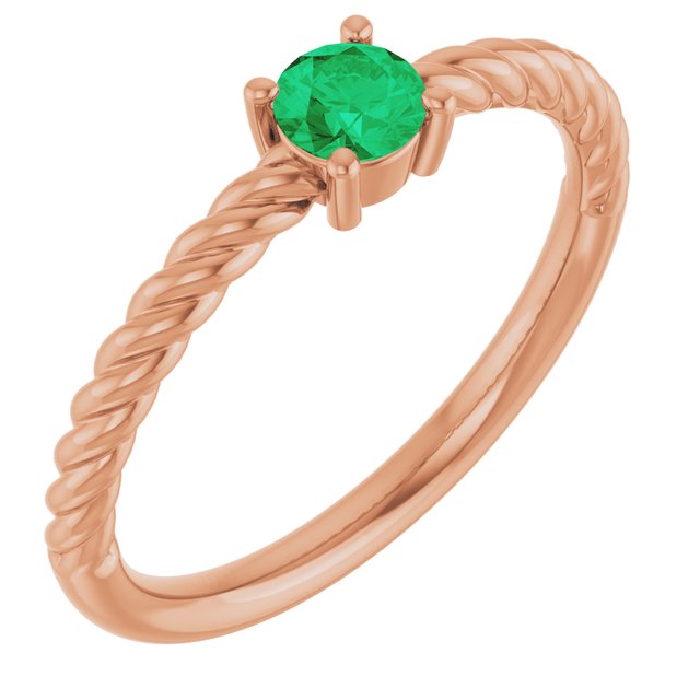 14K Rose 4 mm Natural Emerald Solitaire Rope Ring