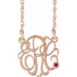 14K Rose 20 mm 3-Initials Imitation Ruby Script Monogram 18" Necklace