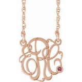 14K Rose 30 mm 3-Initials Imitation Pink Tourmaline Script Monogram 18" Necklace
