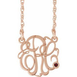 14K Rose 20 mm 3-Initials Imitation Mozambique Garnet Script Monogram 18" Necklace