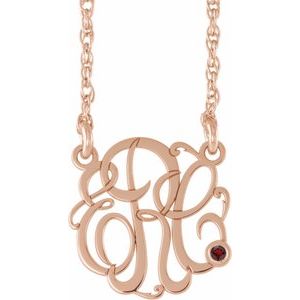 14K Rose 20 mm 3-Initials Imitation Mozambique Garnet Script Monogram 18" Necklace
