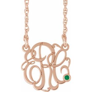 14K Rose 20 mm 3-Initials Imitation Emerald Script Monogram 18" Necklace