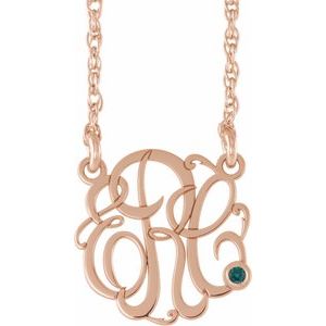 14K Rose Gold-Plated Sterling Silver 20 mm 3-Initials Imitation Alexandrite Script Monogram 18" Necklace