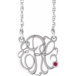 10K White 20 mm 3-Initials Imitation Ruby Script Monogram 18" Necklace