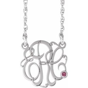 10K White 25 mm 3-Initials Imitation Pink Tourmaline Script Monogram 18" Necklace