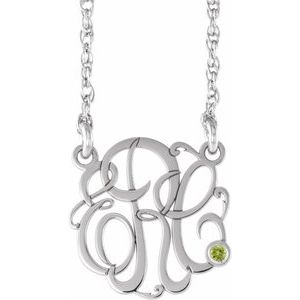 10K White 25 mm 3-Initials Imitation Peridot Script Monogram 18" Necklace
