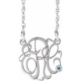 10K White 20 mm 3-Initials Imitation Aquamarine Script Monogram 18" Necklace