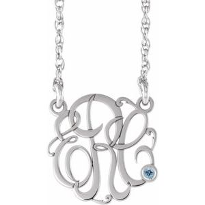 10K White 25 mm 3-Initials Imitation Aquamarine Script Monogram 18" Necklace