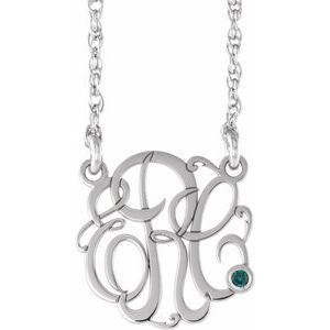 10K White 20 mm 3-Initials Imitation Alexandrite Script Monogram 18" Necklace