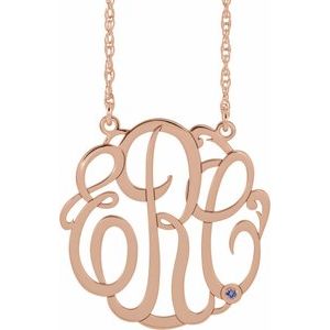 14K Rose 25 mm 3-Initials Imitation Blue Zircon Script Monogram 18" Necklace